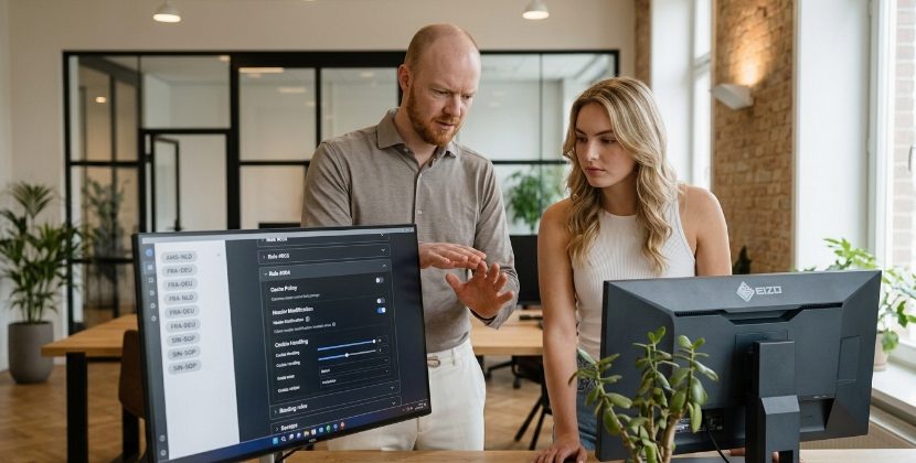Diagram van CDN edge nodes die verzoeken onderscheppen voordat ze de oorspronkelijke server bereiken tijdens hoge bezoekersdrukte op een webshop