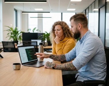 Twee developers reviewen back-end API-eindpunten samen op laptop in Zwolle kantoor