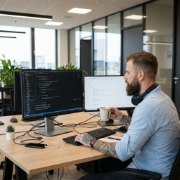 Developer bouwt Laravel API op dubbel scherm met code-editor en JSON-respons in Zwolle kantoor