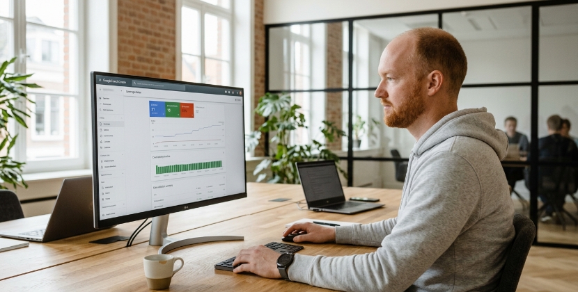 Monthly SEO monitoring checklist for a progressive web app displayed on a screen, showing Search Console coverage and Core Web Vitals data