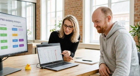 Ontwikkelaar bekijkt SEO-auditresultaten voor een progressive web app op een laptop, met een renderingsstroomdiagram zichtbaar op het scherm