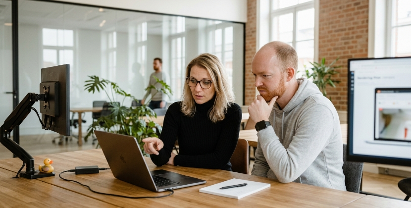 Ontwikkelaar bekijkt SEO-auditresultaten voor een progressive web app op een laptop, met een renderingsstroomdiagram zichtbaar op het scherm