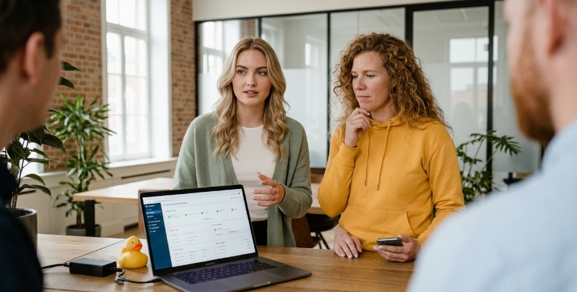 Developer and product manager at a Zwolle office desk reviewing a subscription billing workflow on screen, over-the-shoulder shot, soft daylight