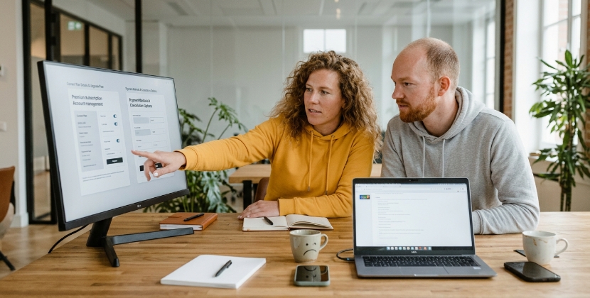 Twee teamleden in een Zwols kantoor die twee abonnement-accountbeheer-UI-schermen naast elkaar vergelijken, medium shot, candid, zacht daglicht