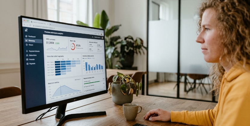 One person at a Zwolle office desk reviewing a subscription analytics screen with MRR and churn metrics, close-up medium shot, soft daylight, candid