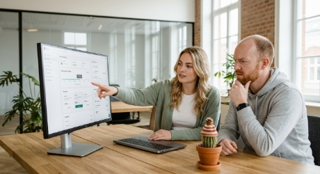 Two colleagues at a wood desk in a Zwolle office reviewing a subscription management UI on a monitor, soft daylight, candid medium shot