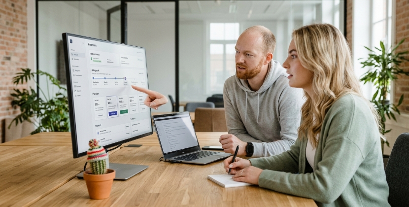 Two colleagues at a wood desk in a Zwolle office reviewing a subscription management UI on a monitor, soft daylight, candid medium shot