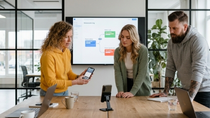 Designer and Android developer aligning on user interface specifications on laptop to prevent handover gaps