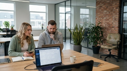 Project manager showing Android app development cost breakdown on phone with dashboard visible on monitor