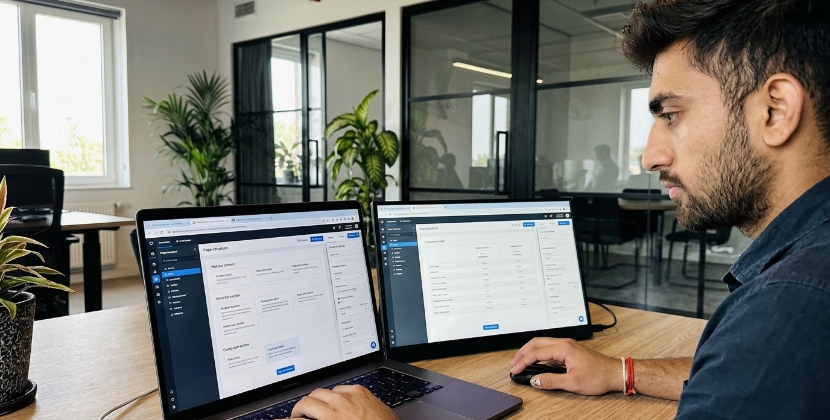 Content strategist in a Zwolle office structuring a webpage layout on screen to target featured snippet formats, focused expression, wood desk, soft daylight