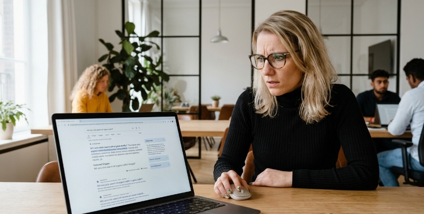 Persoon aan een bureau in een Zwols kantoor die naar een laptopscherm staart met een Google SERP met een featured snippet en AI-overzicht, geen klik, licht verwarde uitdrukking