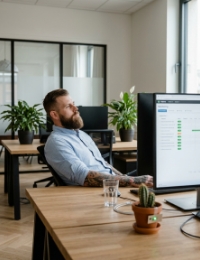 Developer monitort API-eindpunten met statusoverzicht op scherm in licht Zwolle kantoor