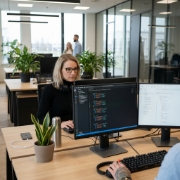 Developer bouwt REST API-koppeling met eindpunteditor en JSON-respons op dubbel scherm in Zwolle