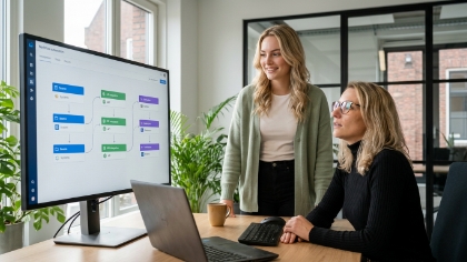 Collega's bekijken geautomatiseerde API-workflow voor datasynchronisatie op scherm in Zwolle