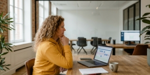 Developer analyseert b2b aankoopproces als gebruikersflow op laptop in kantoor