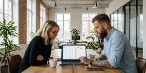 Twee collega's bekijken CRM-koppeling op laptop voor b2b website salesproces integratie