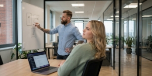 Collega tekent doelgroepsegmentatie op whiteboard tijdens strategie voor b2b website laten maken