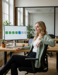 Developer wacht op back-end deploy-resultaat bij pipeline op scherm in Zwolle kantoor