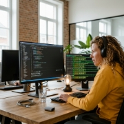 Developer bouwt modulaire back-end architectuur in code-editor met terminal in Zwolle kantoor