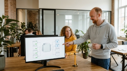Team ontwerpt schaalbare back-end architectuur met modulediagram op scherm in Zwolle kantoor