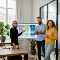 Back-end development team vergelijkt techstacks op groot scherm bij beslismoment in Zwolle kantoor
