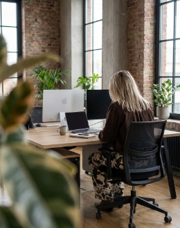 Colleague working at a desk with two Apple displays in a Zwolle industrial office, plant in blurred foreground