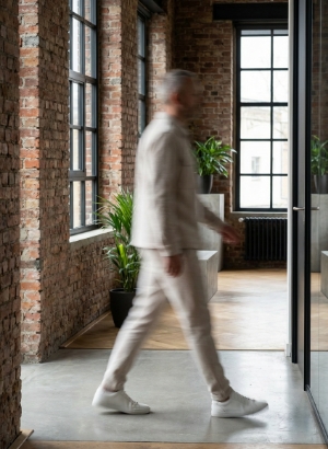 Colleague walking through a corridor with strong motion blur in a Zwolle industrial office