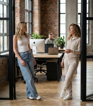 Two colleagues pausing in a black-framed doorway for a brief exchange in an industrial office