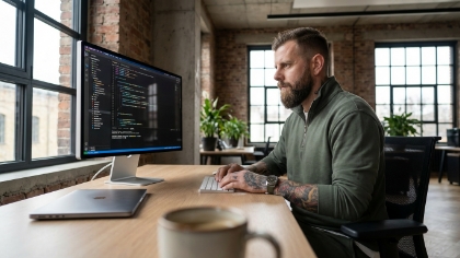 Developer writing custom code in a dark-theme editor on an Apple Studio Display at the Studio Ubique Zwolle office