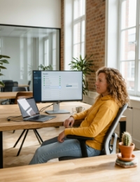 Developer wacht op database-migratie resultaat bij voortgangsscherm in licht Zwolle kantoor