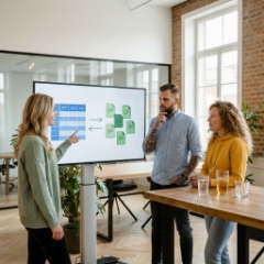 Database-oplossingen team bespreekt architectuur met relationeel en documentmodel op scherm in Zwolle