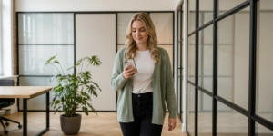 Medewerker loopt ontspannen door kantoorgang, geen afhankelijkheid van één leverancier