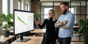 Team bekijkt snelheidsresultaten na elementor migratie op groot scherm in kantoor