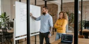 Collega's bespreken maatwerk websitestructuur bij whiteboard in vergaderruimte