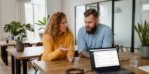 Twee collega's bekijken opgeschoonde pluginlijst in wordpress na elementor migratie