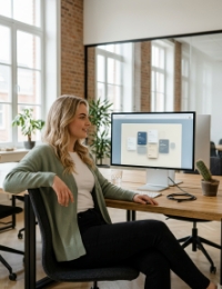 Developer bekijkt front-end animatie-preview op scherm in licht Zwolle kantoor