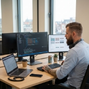 Developer bouwt front-end componentbibliotheek met Tailwind CSS op dubbel scherm in Zwolle