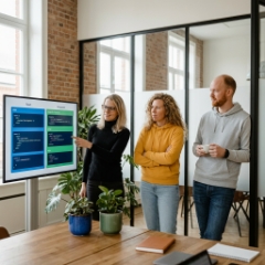 Front-end frameworks team vergelijkt React en Vue componentstructuren op scherm in Zwolle kantoor