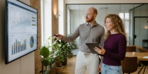 Team bekijkt AI-zichtbaarheid dashboard op wandscherm, monitoring van generative engine optimization resultaten