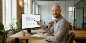 Specialist bekijkt AI-zoekresultaat met bronvermelding op scherm, generative engine optimization in actie