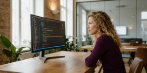 Developer werkt aan structured data en schema-markup voor GEO, code-editor op scherm