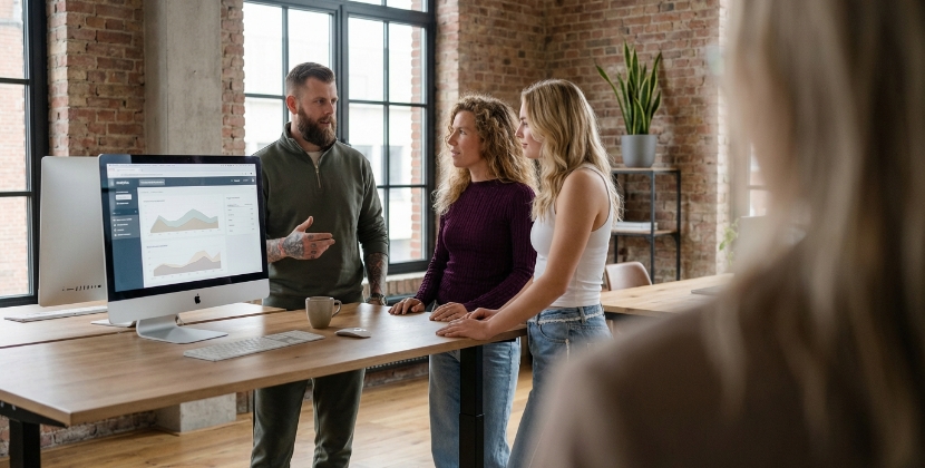 Drie teamleden bespreken Google-rankings bij een iMac in Zwolse studio
