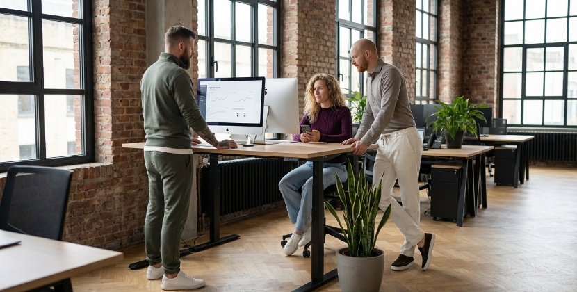 Drie teamleden bekijken maandelijkse SEO-trends voor hoger in Google komen op iMac