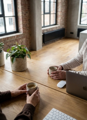 Schuin van bovenaf van twee paar handen op een houten bureau met koffiemok en MacBook in een Zwols industrieel kantoor