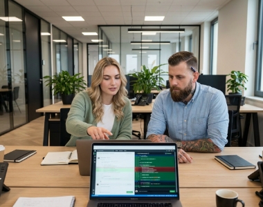 Twee developers reviewen Laravel code samen op laptop tijdens webapplicatie-project in Zwolle