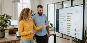 Collega demonstreert CMS-beheer van maatwerk website op groot scherm