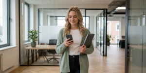 Ondernemer loopt ontspannen door kantoor met laptop, eigenaar van haar maatwerk website zonder afhankelijkheid