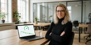 Developer bekijkt hoge performance-score van maatwerk website op laptop