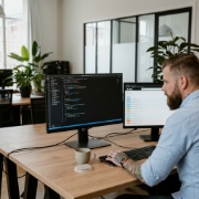 Developer bouwt NestJS API met Swagger-documentatie op dubbel scherm in Zwolle kantoor