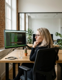 Developer bekijkt NestJS serverlog op terminal in licht Zwolle kantoor
